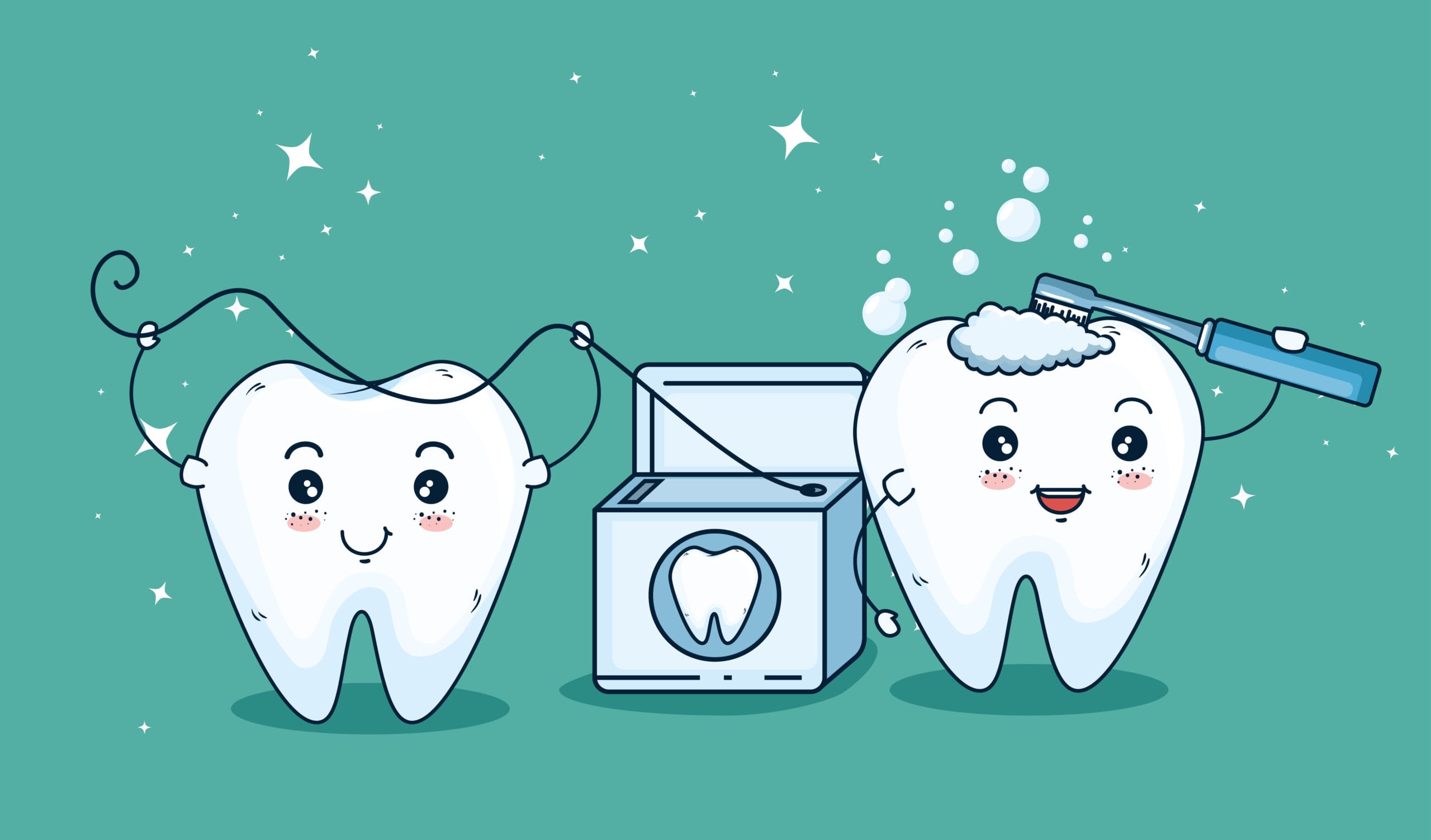 teeth care treatment with toothbrush and dental floss vector illustration